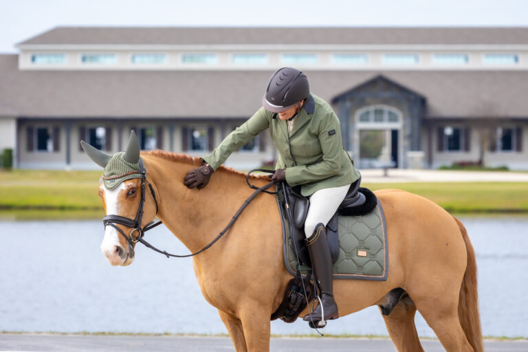 Rider grooming a palomino horse beside the pond at TerraNova Equestrian Center, clubhouse in the background