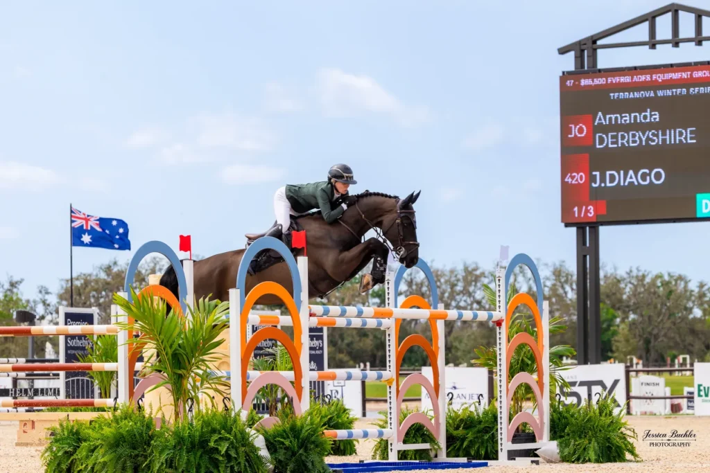 Amanda Derbyshire and J.Diago over a fence in the TerraNova Winter Series grand prix ring