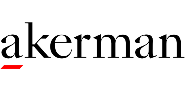 Akerman wordmark in black serif type with a red parallelogram accent beneath
