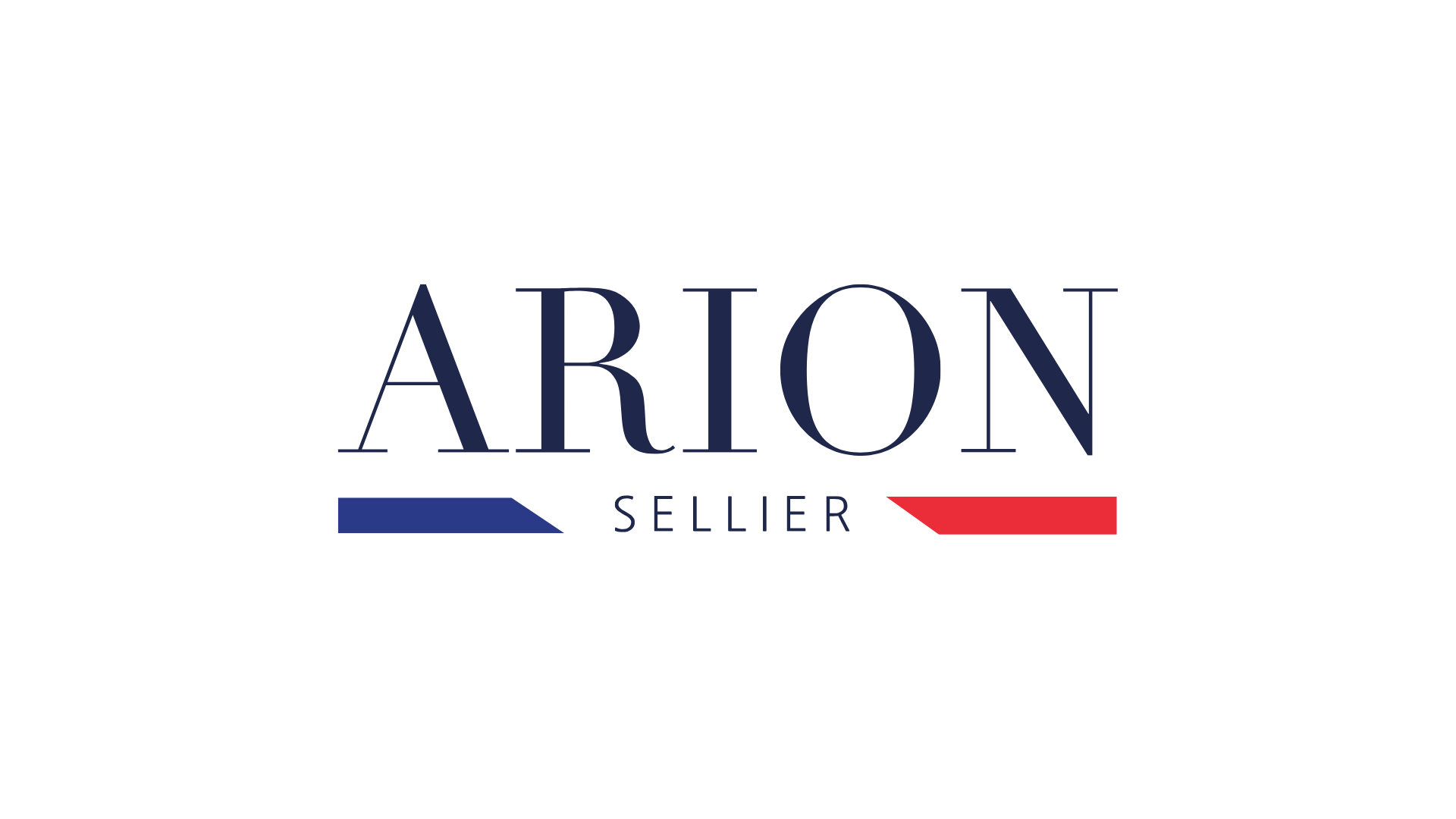 Arion Sellier wordmark in navy with blue and red bars beneath the name