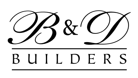B&D Builders logo with script initials above the word Builders in black
