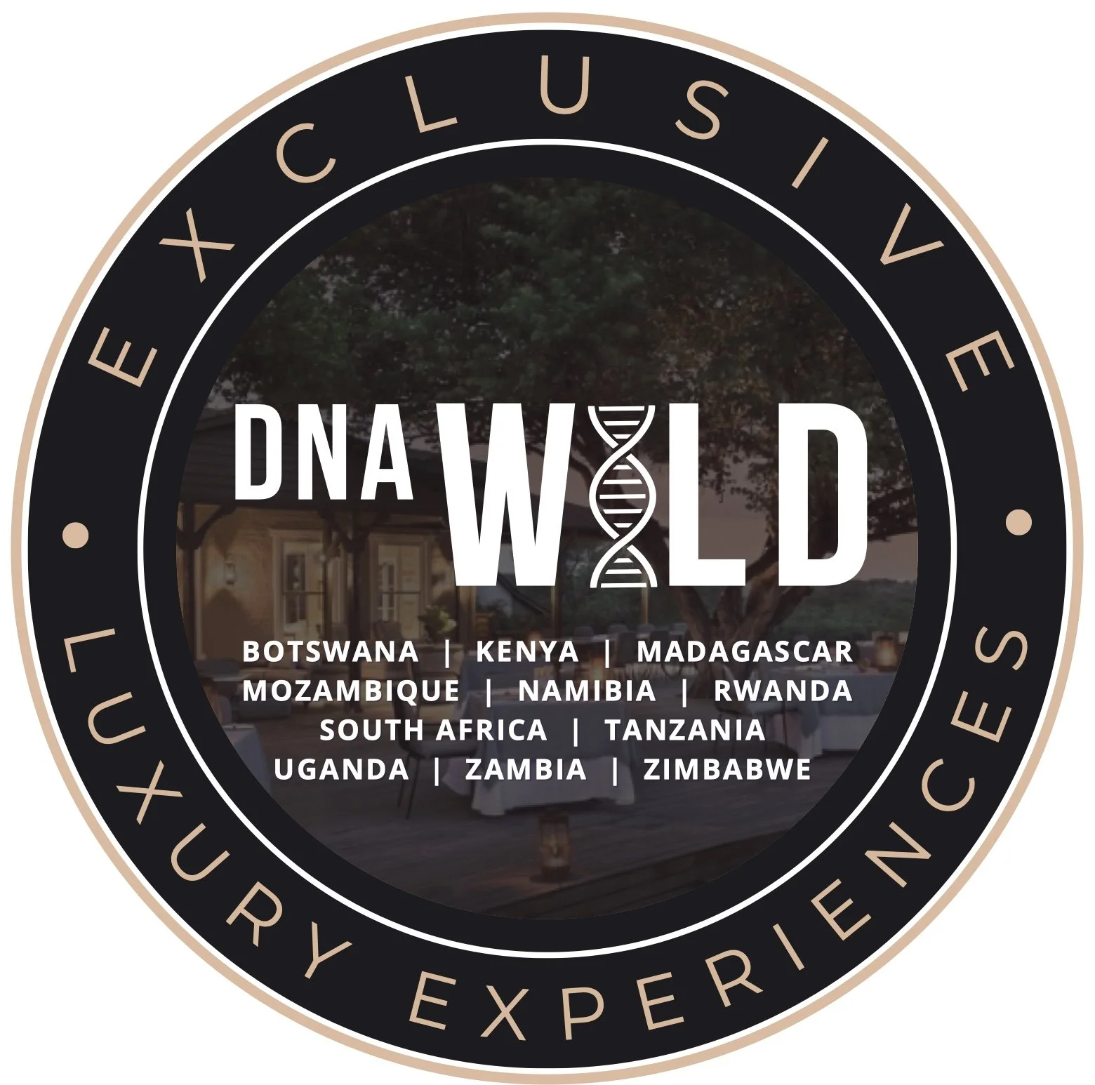 Circular DNA Wild badge listing African countries around a lodge terrace photograph