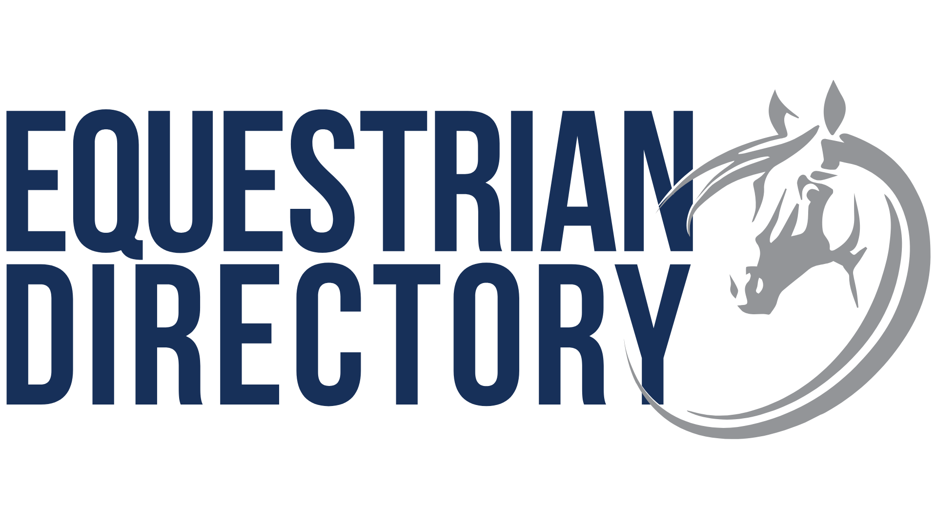 Equestrian Directory logo in navy capitals beside a grey horse head drawing
