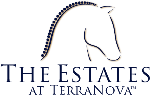 The Estates at TerraNova logo with a navy line-drawn horse head above the name