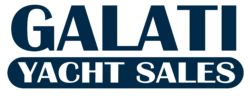 Galati Yacht Sales logo in white lettering on navy blue blocks