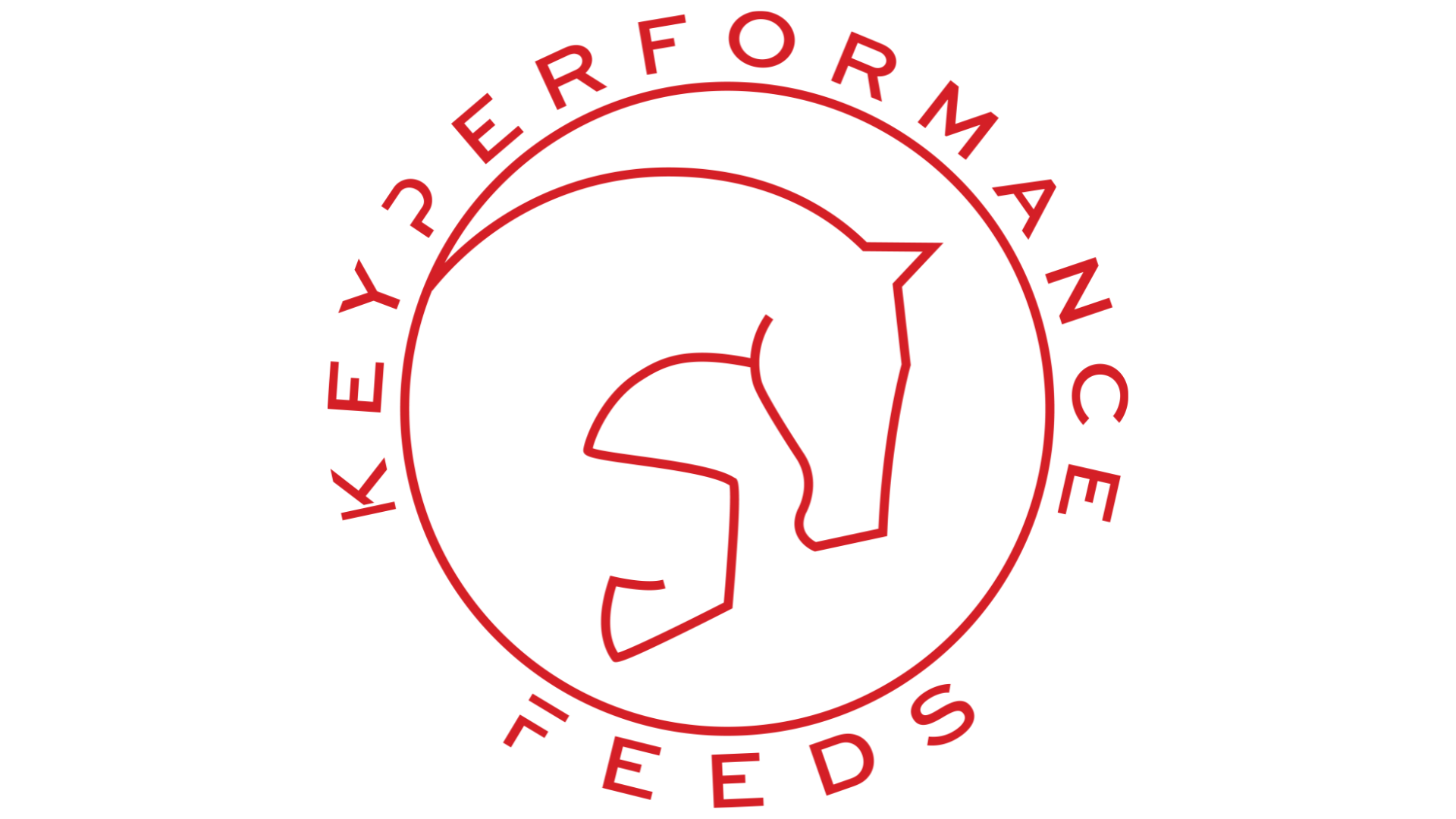 Key Performance Feeds circular logo in red line art with a horse head and key