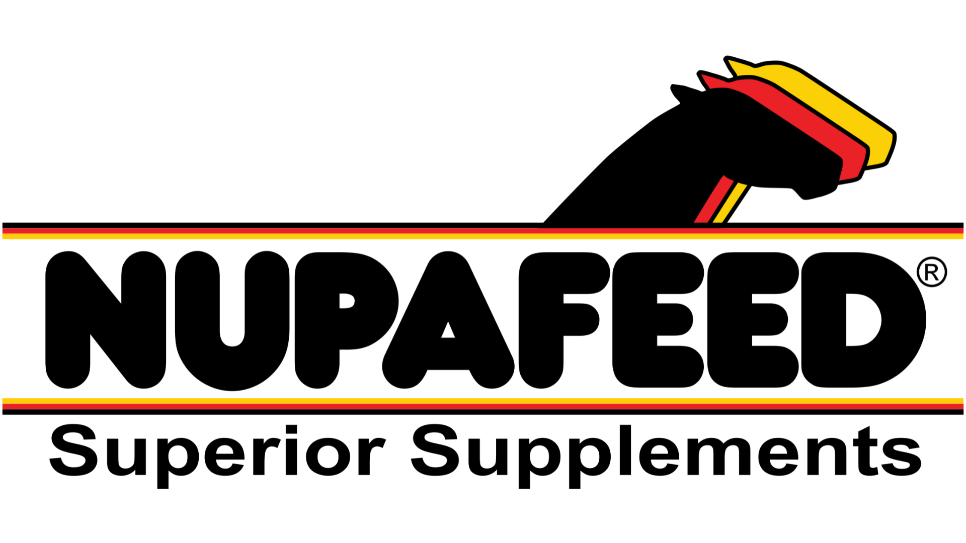 Nupafeed logo with a black horse head, red and yellow stripes and bold lettering