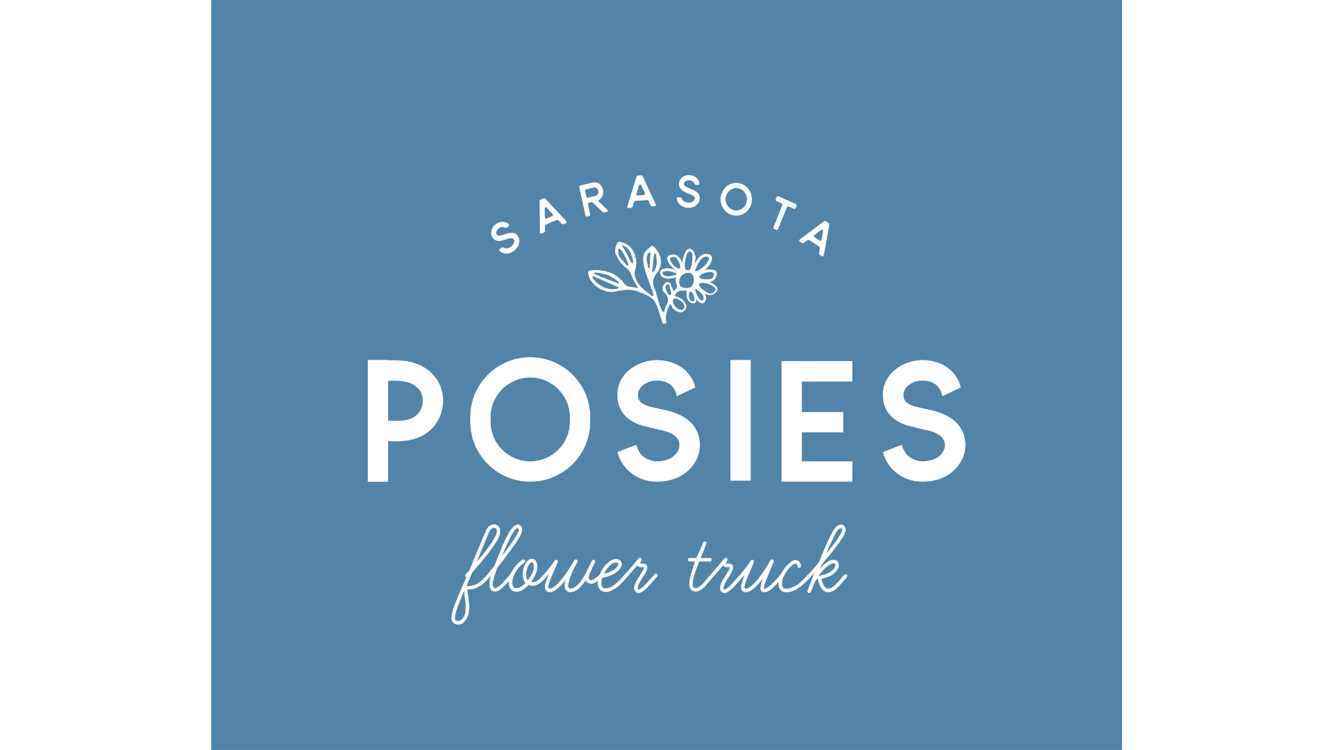 Sarasota Posies flower truck logo in white on a blue square with a small bouquet