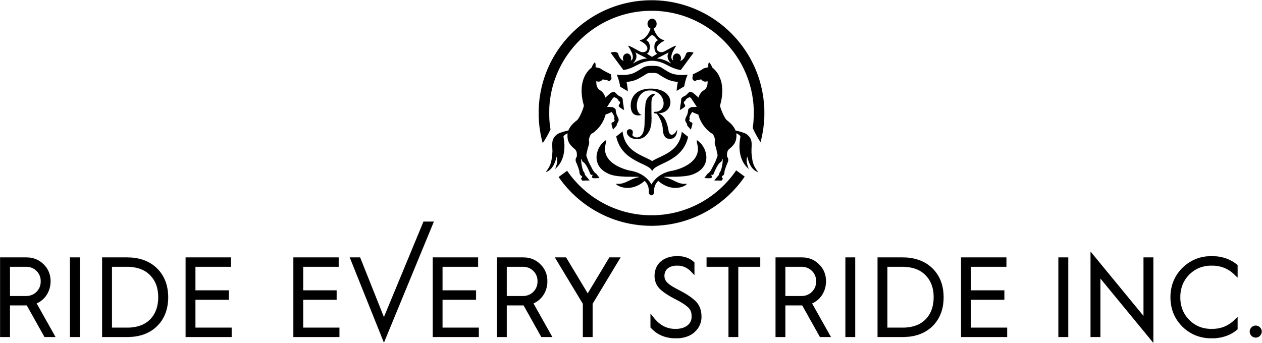 Ride Every Stride logo with a black crest of two horses flanking a monogram