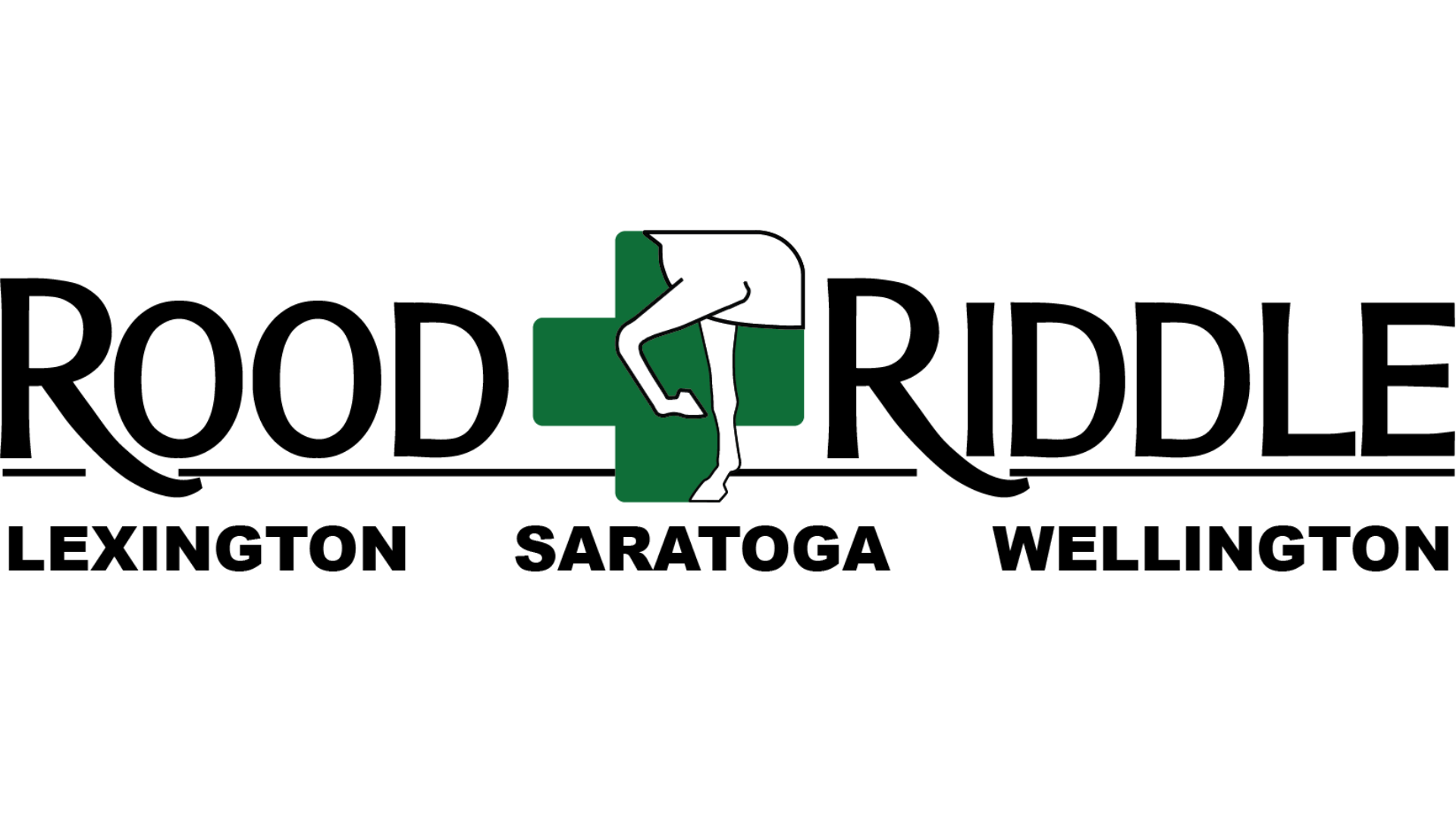 Rood and Riddle logo with a green cross, horse leg mark and three city names