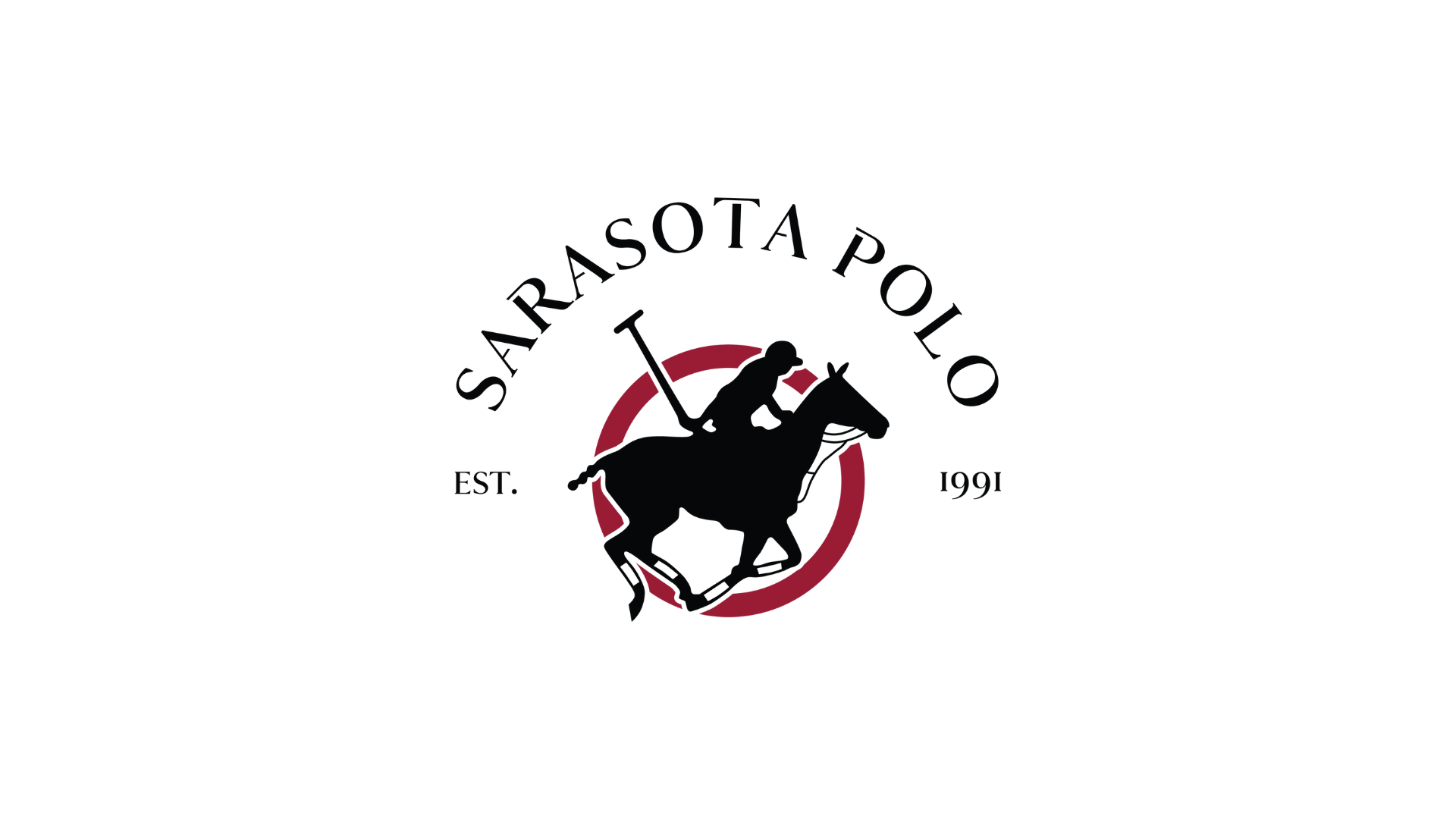 Sarasota Polo logo with a black polo player silhouette on a dark red roundel