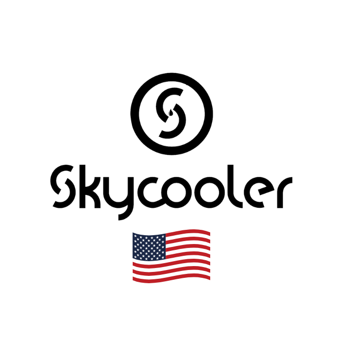 Skycooler logo with a circular swirl mark above the name and a United States flag