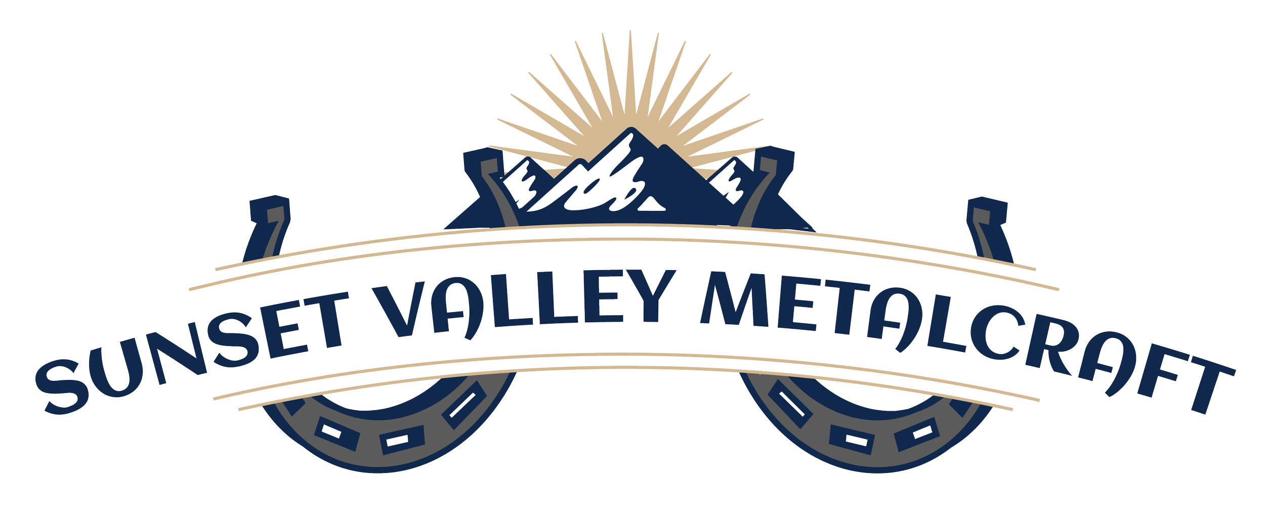 Sunset Valley Metalcraft logo with mountains, a sunburst and two horseshoes