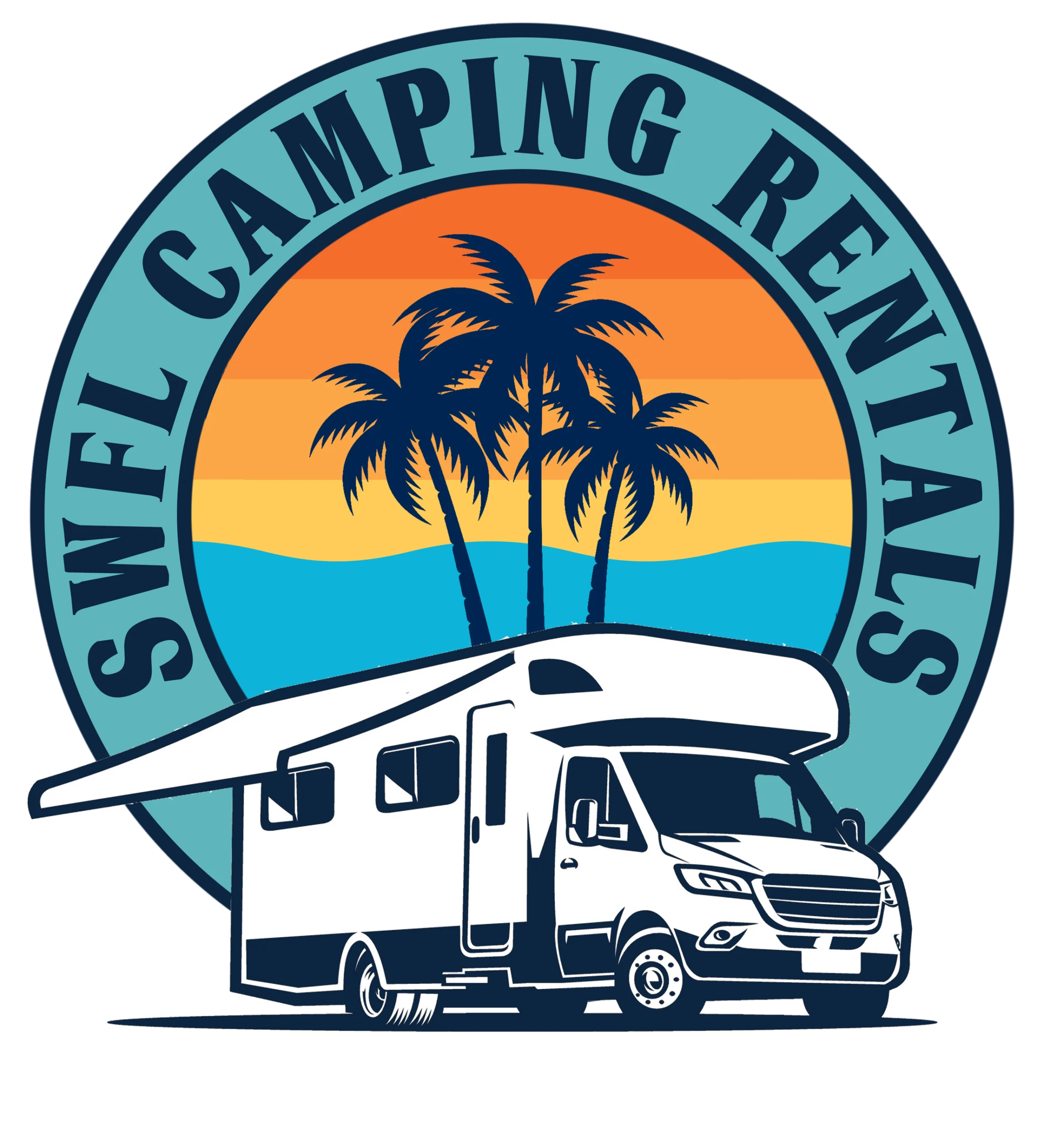 SWFL Camping Rentals badge with a motorhome, palm trees and a sunset circle