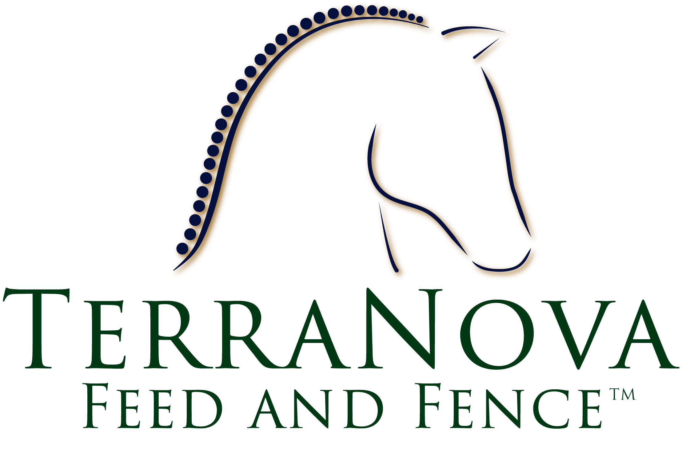 TerraNova Feed and Fence logo with a navy horse head above green lettering