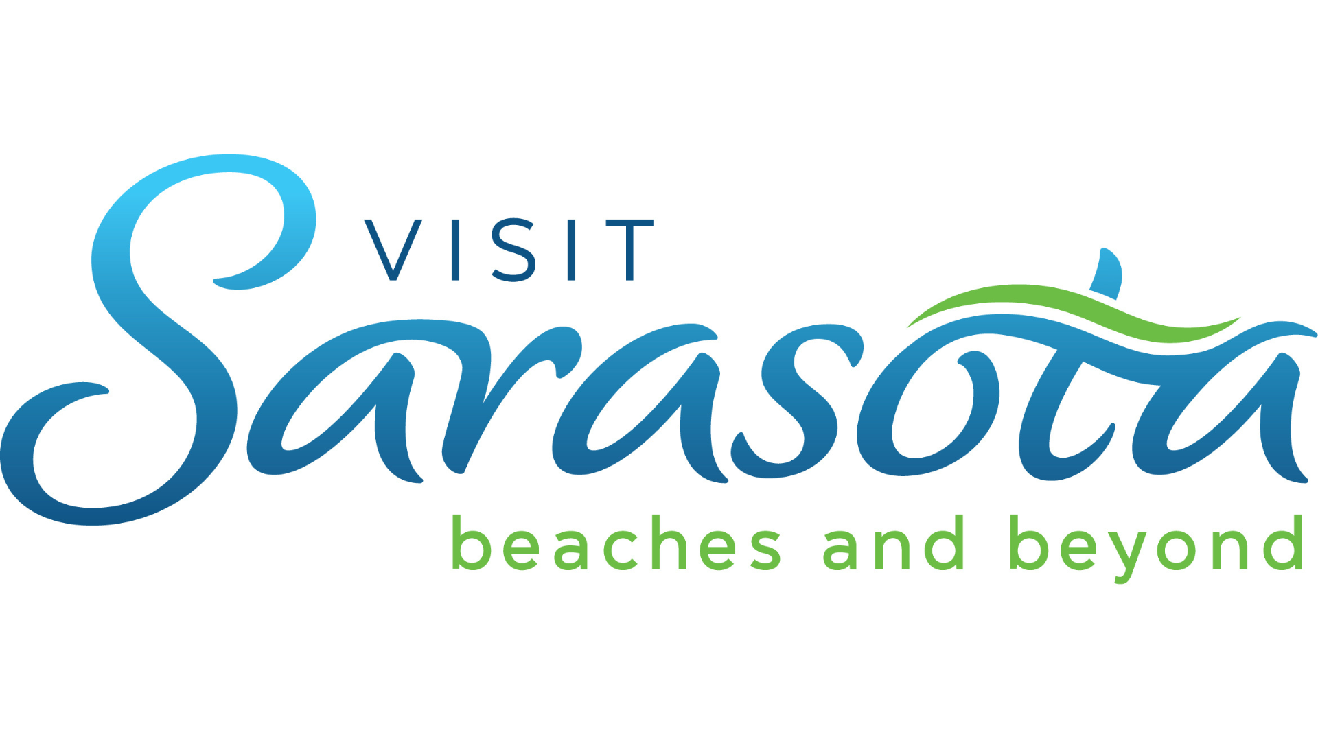 Visit Sarasota logo in blue script with the line beaches and beyond