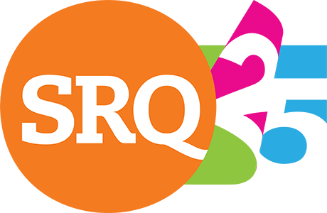 SRQ lettering in white on an orange circle with a colorful number 25 behind