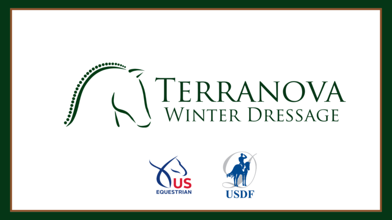TerraNova Winter Dressage logo in green with a beaded-mane horse head mark