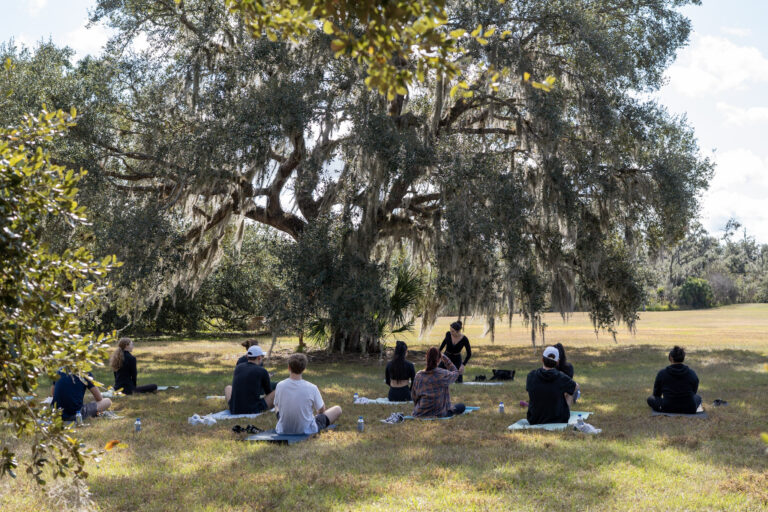 Group sits on mats on the grass under a wide moss-draped oak while a leader speaks